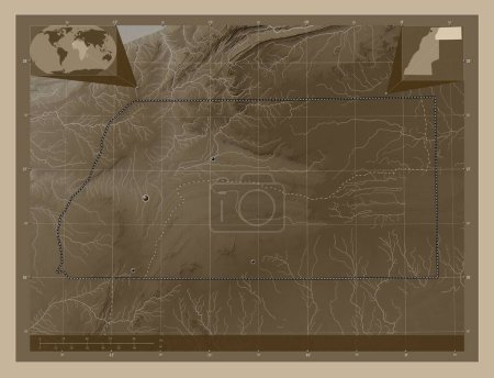 Téléchargez les photos : Es Semara, province du Sahara Occidental. Carte d'altitude colorée dans des tons sépia avec des lacs et des rivières. Emplacements des grandes villes de la région. Corner cartes de localisation auxiliaires - en image libre de droit