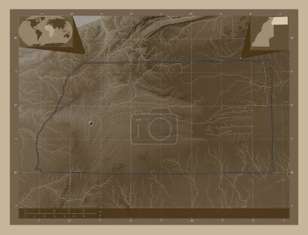 Téléchargez les photos : Es Semara, province du Sahara Occidental. Carte d'altitude colorée dans des tons sépia avec des lacs et des rivières. Corner cartes de localisation auxiliaires - en image libre de droit