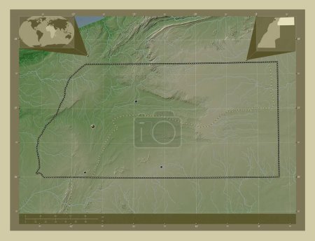 Téléchargez les photos : Es Semara, province du Sahara Occidental. Carte d'altitude colorée dans le style wiki avec des lacs et des rivières. Emplacements des grandes villes de la région. Corner cartes de localisation auxiliaires - en image libre de droit