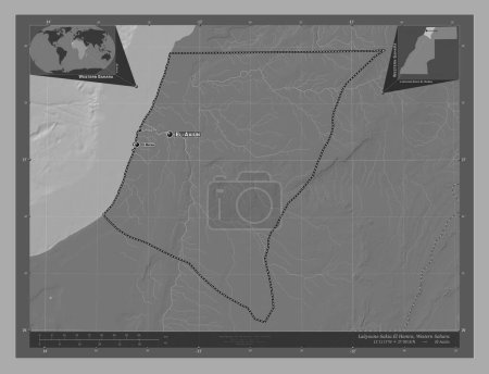 Téléchargez les photos : Laayoune-Sakia El Hamra, province du Sahara Occidental. Carte d'altitude de Bilevel avec lacs et rivières. Emplacements et noms des grandes villes de la région. Corner cartes de localisation auxiliaires - en image libre de droit
