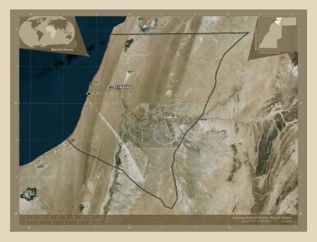 Foto de Laayoune-Sakia El Hamra, provincia del Sáhara Occidental. Mapa satelital de alta resolución. Ubicaciones y nombres de las principales ciudades de la región. Mapas de ubicación auxiliares de esquina - Imagen libre de derechos