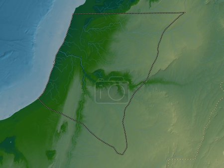 Téléchargez les photos : Laayoune-Sakia El Hamra, province du Sahara Occidental. Carte d'altitude colorée avec lacs et rivières - en image libre de droit