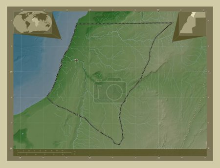 Téléchargez les photos : Laayoune-Sakia El Hamra, province du Sahara Occidental. Carte d'altitude colorée dans le style wiki avec des lacs et des rivières. Emplacements des grandes villes de la région. Corner cartes de localisation auxiliaires - en image libre de droit