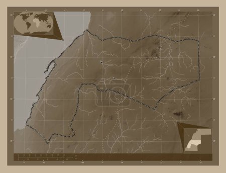 Téléchargez les photos : Dakhla-Oued Ed-Dahab, province du Sahara Occidental. Carte d'altitude colorée dans des tons sépia avec des lacs et des rivières. Emplacements des grandes villes de la région. Corner cartes de localisation auxiliaires - en image libre de droit