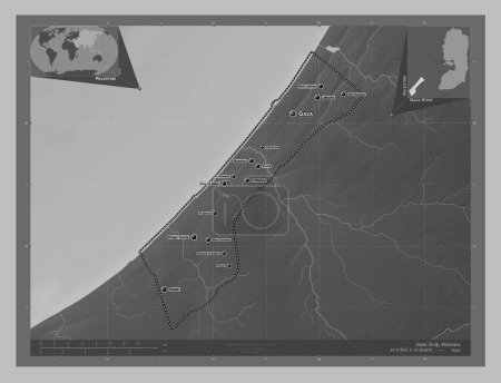Photo for Gaza Strip, region of Palestine. Grayscale elevation map with lakes and rivers. Locations and names of major cities of the region. Corner auxiliary location maps - Royalty Free Image
