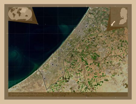 Photo for Gaza Strip, region of Palestine. Low resolution satellite map. Locations of major cities of the region. Corner auxiliary location maps - Royalty Free Image