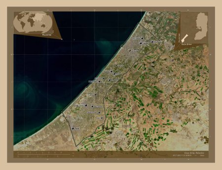 Téléchargez les photos : Bande de Gaza, région de Palestine. Carte satellite basse résolution. Emplacements et noms des grandes villes de la région. Corner cartes de localisation auxiliaires - en image libre de droit