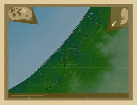 Téléchargez les photos : Bande de Gaza, région de Palestine. Carte d'altitude colorée avec lacs et rivières. Corner cartes de localisation auxiliaires - en image libre de droit