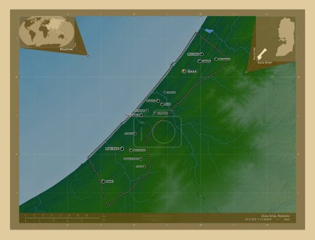 Téléchargez les photos : Bande de Gaza, région de Palestine. Carte d'altitude colorée avec lacs et rivières. Emplacements et noms des grandes villes de la région. Corner cartes de localisation auxiliaires - en image libre de droit