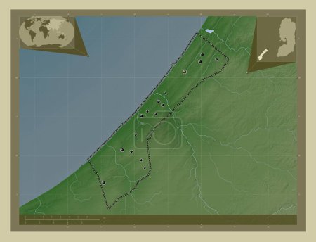 Foto de Franja de Gaza, región de Palestina. Mapa de elevación coloreado en estilo wiki con lagos y ríos. Ubicaciones de las principales ciudades de la región. Mapas de ubicación auxiliares de esquina - Imagen libre de derechos