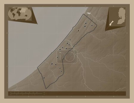 Photo for Gaza Strip, region of Palestine. Elevation map colored in sepia tones with lakes and rivers. Locations of major cities of the region. Corner auxiliary location maps - Royalty Free Image