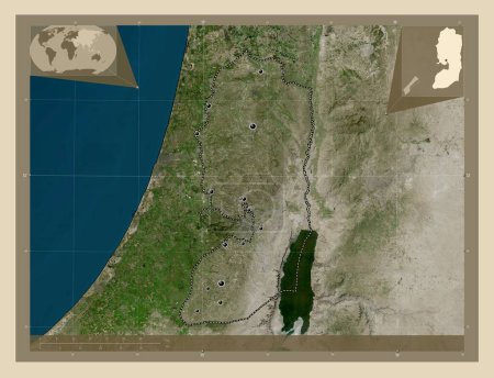 Foto de Cisjordania, región de Palestina. Mapa satelital de alta resolución. Ubicaciones de las principales ciudades de la región. Mapas de ubicación auxiliares de esquina - Imagen libre de derechos