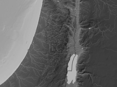 Foto de Cisjordania, región de Palestina. Mapa de elevación a escala de grises con lagos y ríos - Imagen libre de derechos
