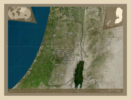 Foto de Cisjordania, región de Palestina. Mapa satelital de alta resolución. Ubicaciones y nombres de las principales ciudades de la región. Mapas de ubicación auxiliares de esquina - Imagen libre de derechos