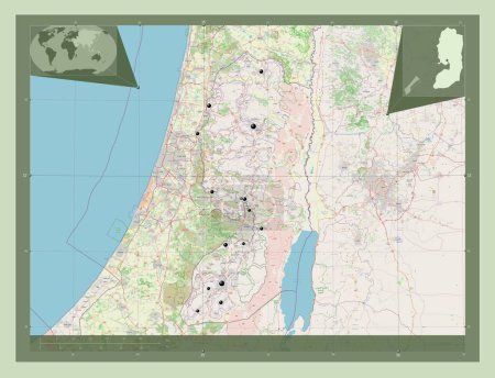 Foto de Cisjordania, región de Palestina. Open Street Map. Ubicaciones de las principales ciudades de la región. Mapas de ubicación auxiliares de esquina - Imagen libre de derechos