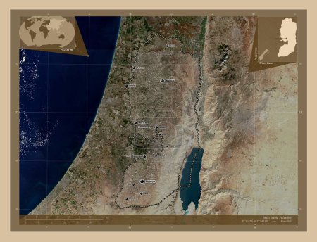 Foto de Cisjordania, región de Palestina. Mapa satelital de baja resolución. Ubicaciones y nombres de las principales ciudades de la región. Mapas de ubicación auxiliares de esquina - Imagen libre de derechos