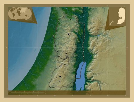 Foto de Cisjordania, región de Palestina. Mapa de elevación de colores con lagos y ríos. Ubicaciones de las principales ciudades de la región. Mapas de ubicación auxiliares de esquina - Imagen libre de derechos