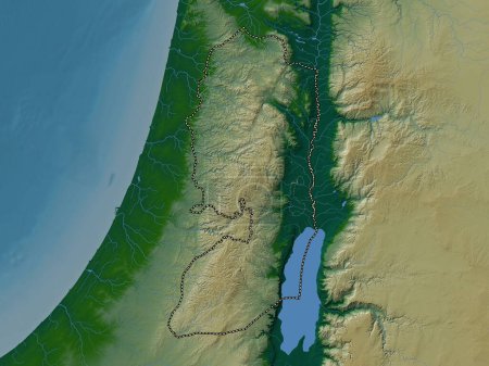 Téléchargez les photos : Cisjordanie, région de Palestine. Carte d'altitude colorée avec lacs et rivières - en image libre de droit