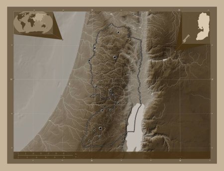 Foto de Cisjordania, región de Palestina. Mapa de elevación coloreado en tonos sepia con lagos y ríos. Ubicaciones de las principales ciudades de la región. Mapas de ubicación auxiliares de esquina - Imagen libre de derechos