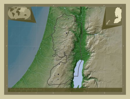 Foto de Cisjordania, región de Palestina. Mapa de elevación coloreado en estilo wiki con lagos y ríos. Ubicaciones de las principales ciudades de la región. Mapas de ubicación auxiliares de esquina - Imagen libre de derechos