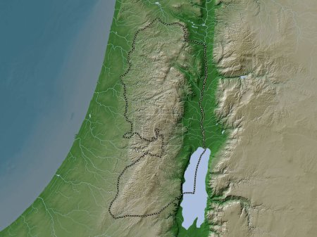 Téléchargez les photos : Cisjordanie, région de Palestine. Carte d'altitude colorée dans le style wiki avec des lacs et des rivières - en image libre de droit