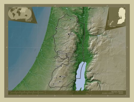 Foto de Cisjordania, región de Palestina. Mapa de elevación coloreado en estilo wiki con lagos y ríos. Ubicaciones y nombres de las principales ciudades de la región. Mapas de ubicación auxiliares de esquina - Imagen libre de derechos