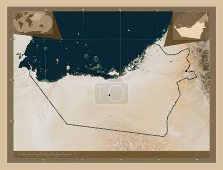 Foto de Abu Dhabi, emirato de los Emiratos Árabes Unidos. Mapa satelital de baja resolución. Ubicaciones de las principales ciudades de la región. Mapas de ubicación auxiliares de esquina - Imagen libre de derechos