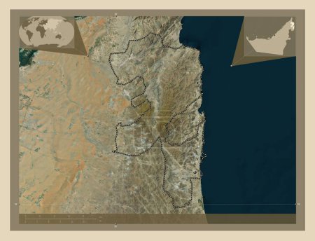 Foto de Fujayrah, emirato de Emiratos Árabes Unidos. Mapa satelital de alta resolución. Ubicaciones de las principales ciudades de la región. Mapas de ubicación auxiliares de esquina - Imagen libre de derechos