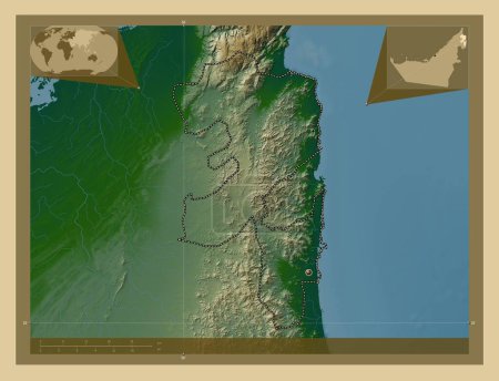 Foto de Fujayrah, emirato de Emiratos Árabes Unidos. Mapa de elevación de colores con lagos y ríos. Ubicaciones de las principales ciudades de la región. Mapas de ubicación auxiliares de esquina - Imagen libre de derechos