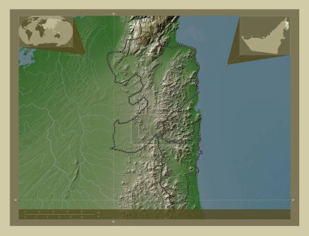 Foto de Fujayrah, emirato de Emiratos Árabes Unidos. Mapa de elevación coloreado en estilo wiki con lagos y ríos. Ubicaciones de las principales ciudades de la región. Mapas de ubicación auxiliares de esquina - Imagen libre de derechos