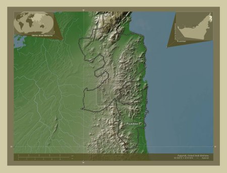 Foto de Fujayrah, emirato de Emiratos Árabes Unidos. Mapa de elevación coloreado en estilo wiki con lagos y ríos. Ubicaciones y nombres de las principales ciudades de la región. Mapas de ubicación auxiliares de esquina - Imagen libre de derechos