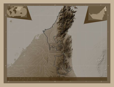 Photo for Ras Al Khaymah, emirate of United Arab Emirates. Elevation map colored in sepia tones with lakes and rivers. Locations of major cities of the region. Corner auxiliary location maps - Royalty Free Image