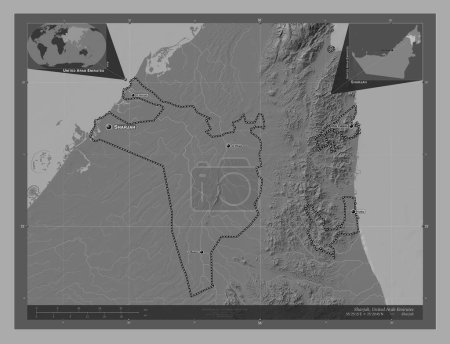 Téléchargez les photos : Sharjah, émirat des Émirats arabes unis. Carte d'altitude de Bilevel avec lacs et rivières. Emplacements et noms des grandes villes de la région. Corner cartes de localisation auxiliaires - en image libre de droit