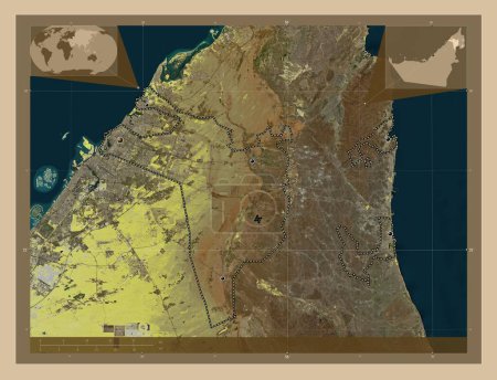 Téléchargez les photos : Sharjah, émirat des Émirats arabes unis. Carte satellite basse résolution. Emplacements des grandes villes de la région. Corner cartes de localisation auxiliaires - en image libre de droit