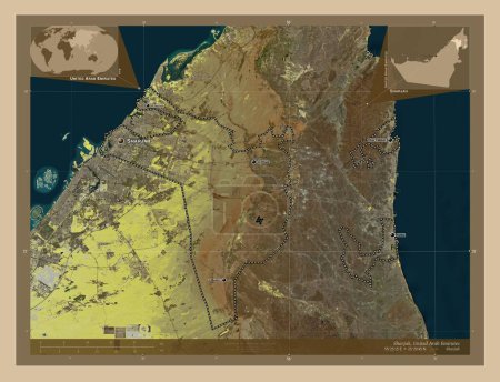 Téléchargez les photos : Sharjah, émirat des Émirats arabes unis. Carte satellite basse résolution. Emplacements et noms des grandes villes de la région. Corner cartes de localisation auxiliaires - en image libre de droit
