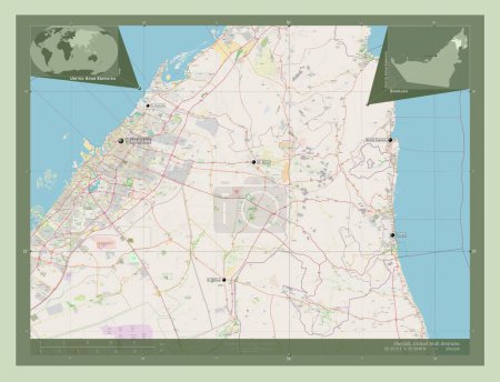 Foto de Sharjah, emirato de Emiratos Árabes Unidos. Open Street Map. Ubicaciones y nombres de las principales ciudades de la región. Mapas de ubicación auxiliares de esquina - Imagen libre de derechos