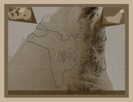 Téléchargez les photos : Sharjah, émirat des Émirats arabes unis. Carte d'altitude colorée dans des tons sépia avec des lacs et des rivières. Emplacements des grandes villes de la région. Corner cartes de localisation auxiliaires - en image libre de droit