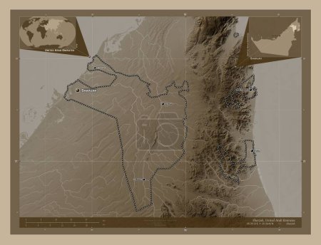 Téléchargez les photos : Sharjah, émirat des Émirats arabes unis. Carte d'altitude colorée dans des tons sépia avec des lacs et des rivières. Emplacements et noms des grandes villes de la région. Corner cartes de localisation auxiliaires - en image libre de droit