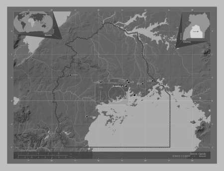 Photo for Central, region of Uganda. Grayscale elevation map with lakes and rivers. Locations and names of major cities of the region. Corner auxiliary location maps - Royalty Free Image