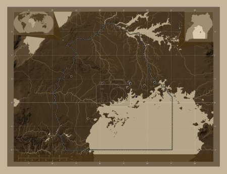 Photo for Central, region of Uganda. Elevation map colored in sepia tones with lakes and rivers. Locations of major cities of the region. Corner auxiliary location maps - Royalty Free Image