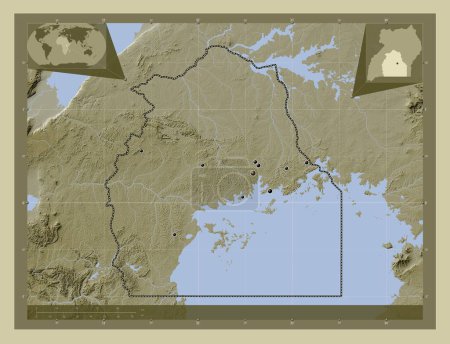 Photo for Central, region of Uganda. Elevation map colored in wiki style with lakes and rivers. Locations of major cities of the region. Corner auxiliary location maps - Royalty Free Image
