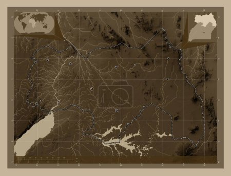 Photo for Northern, region of Uganda. Elevation map colored in sepia tones with lakes and rivers. Locations of major cities of the region. Corner auxiliary location maps - Royalty Free Image