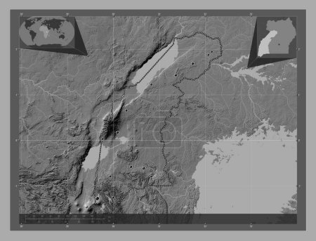 Photo for Western, region of Uganda. Bilevel elevation map with lakes and rivers. Locations of major cities of the region. Corner auxiliary location maps - Royalty Free Image