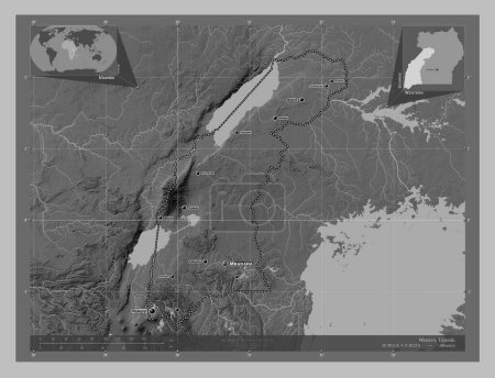 Photo for Western, region of Uganda. Grayscale elevation map with lakes and rivers. Locations and names of major cities of the region. Corner auxiliary location maps - Royalty Free Image
