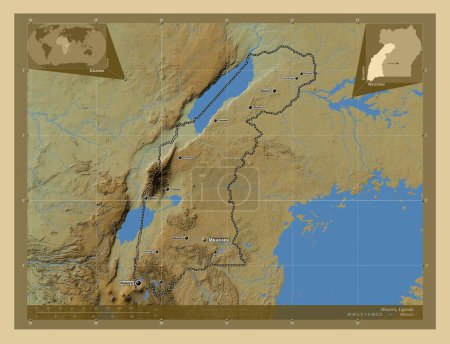 Photo for Western, region of Uganda. Colored elevation map with lakes and rivers. Locations and names of major cities of the region. Corner auxiliary location maps - Royalty Free Image