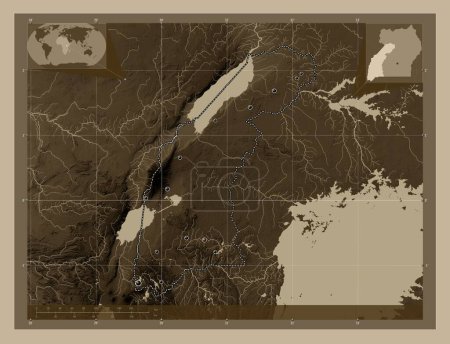 Photo for Western, region of Uganda. Elevation map colored in sepia tones with lakes and rivers. Locations of major cities of the region. Corner auxiliary location maps - Royalty Free Image