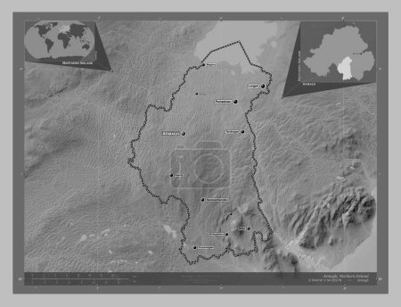 Photo for Armagh, region of Northern Ireland. Grayscale elevation map with lakes and rivers. Locations and names of major cities of the region. Corner auxiliary location maps - Royalty Free Image