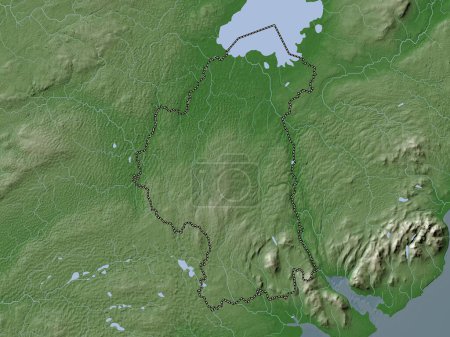 Téléchargez les photos : Armagh, région d'Irlande du Nord. Carte d'altitude colorée dans le style wiki avec des lacs et des rivières - en image libre de droit
