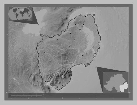 Photo for Down, region of Northern Ireland. Grayscale elevation map with lakes and rivers. Locations of major cities of the region. Corner auxiliary location maps - Royalty Free Image