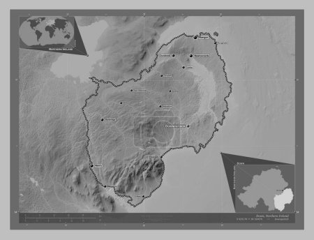 Photo for Down, region of Northern Ireland. Grayscale elevation map with lakes and rivers. Locations and names of major cities of the region. Corner auxiliary location maps - Royalty Free Image
